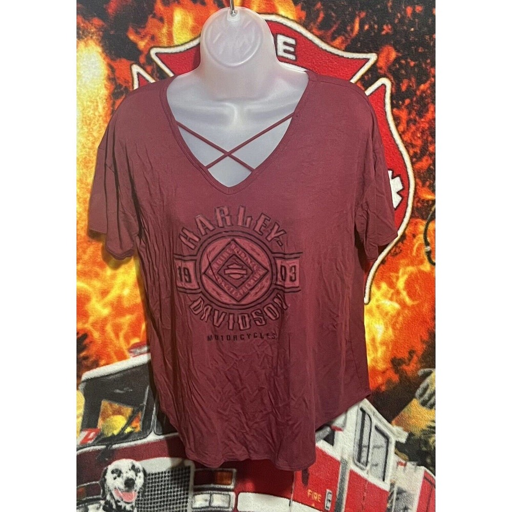 Harley Davidson Shirt Womens Small Maro Short‎ Sleeve V Neck Graphic Rayon Blend